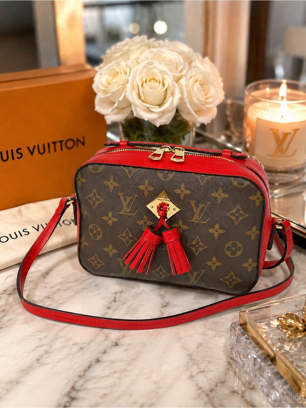 Louis Vuitton Monogram Crossbody with Red Trim and Tassel Detail